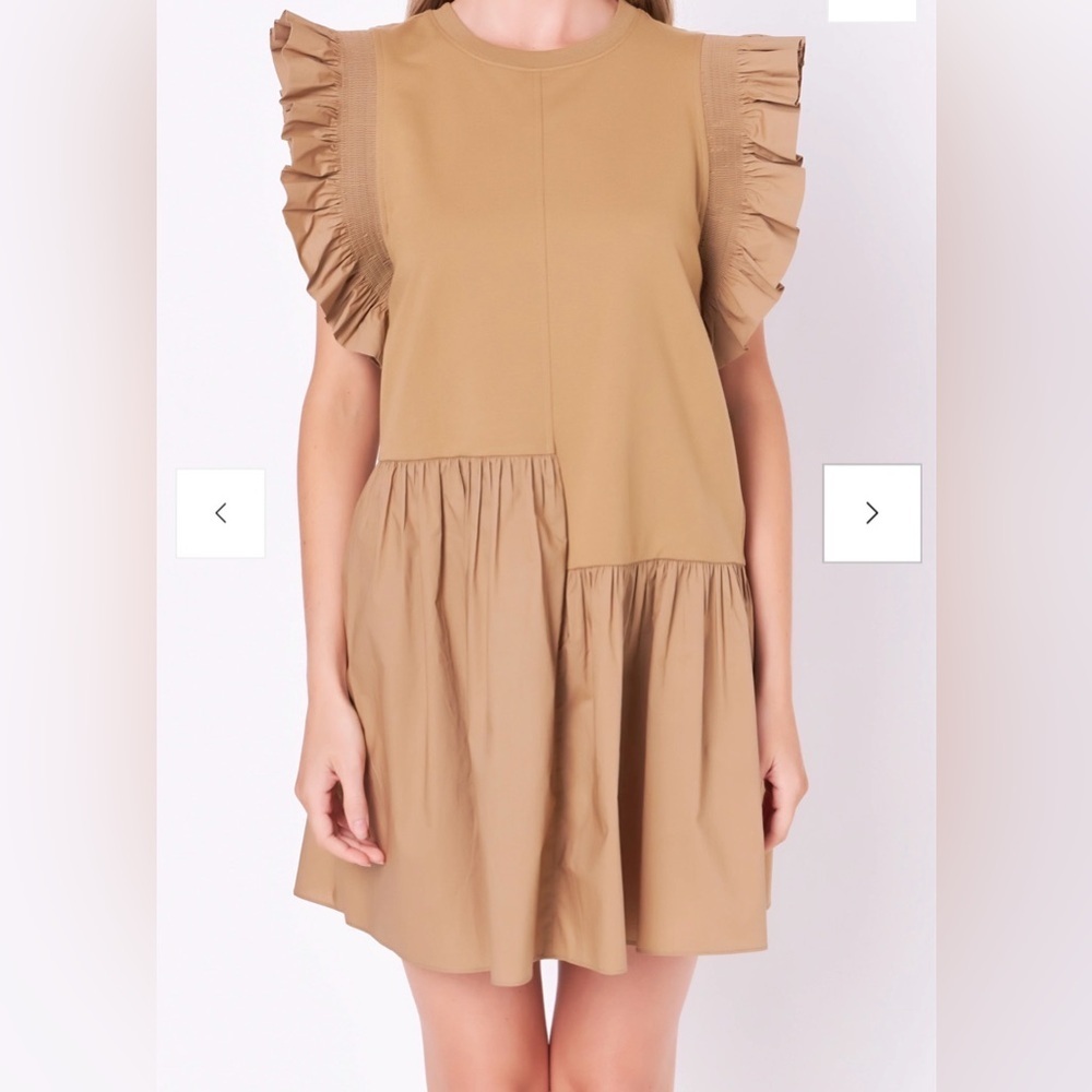 English Factory Tan Mixed Media Ruffle Sleeve Mini Dress NWT Women’s XS